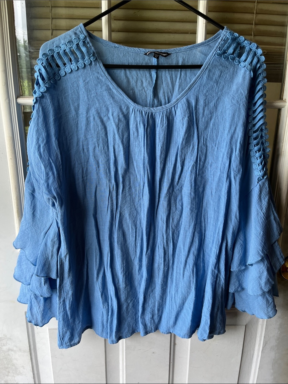 Unique Spectrum Light Blue Layered Ruffle Sleeve Blouse